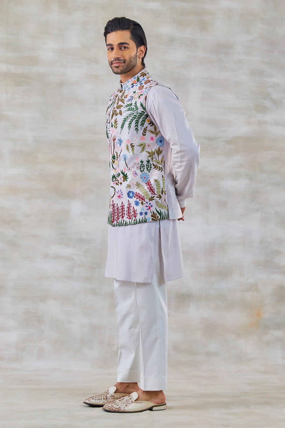 Vivacious Lilac Garden Reverie Threadwork Nehru Jacket - Studio Bagechaa