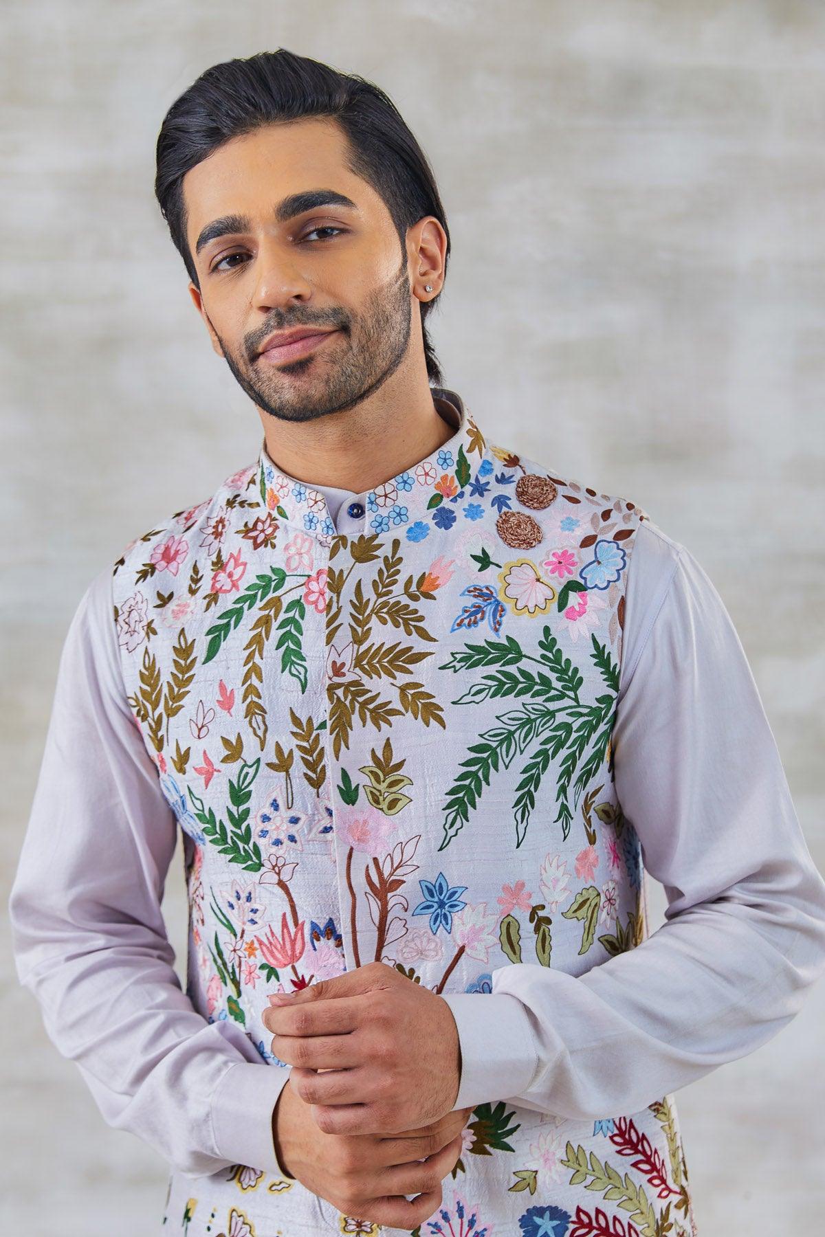 Vivacious Lilac Garden Reverie Threadwork Nehru Jacket - Studio Bagechaa
